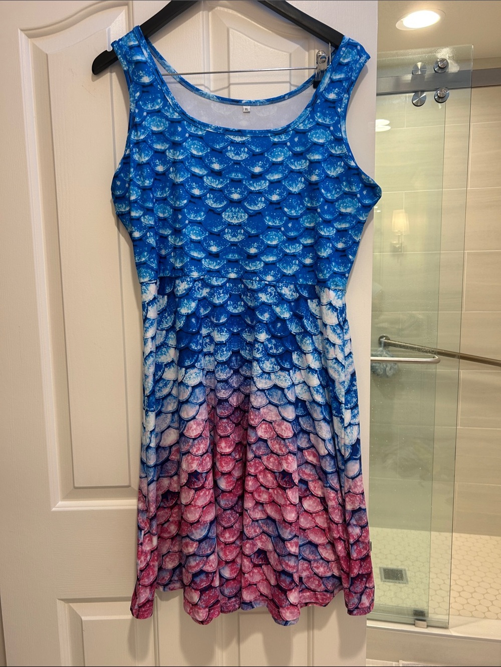 Scoop-Neck Ombre Scale-Print Mini Dress in Blue and Pink